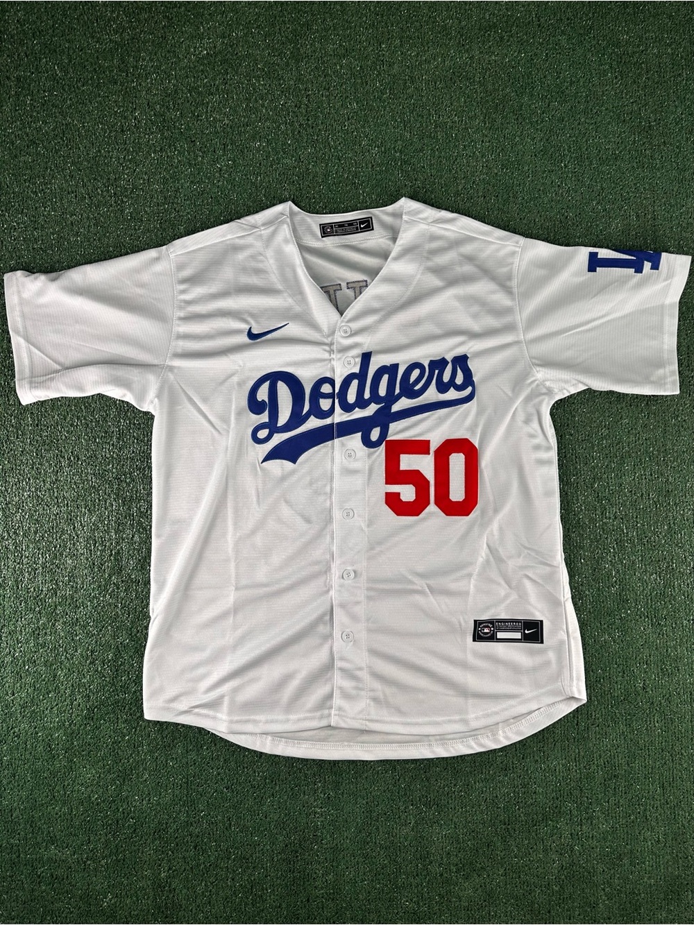 Nike White Dodgers Script Jersey with Blue Logo and Red Number 50